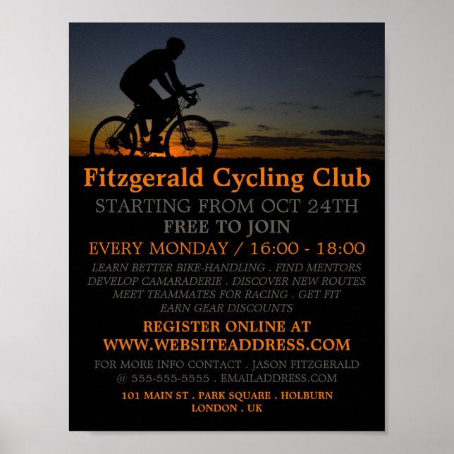 Cyclist at Night, Cycling Club Advertising Poster (Front)