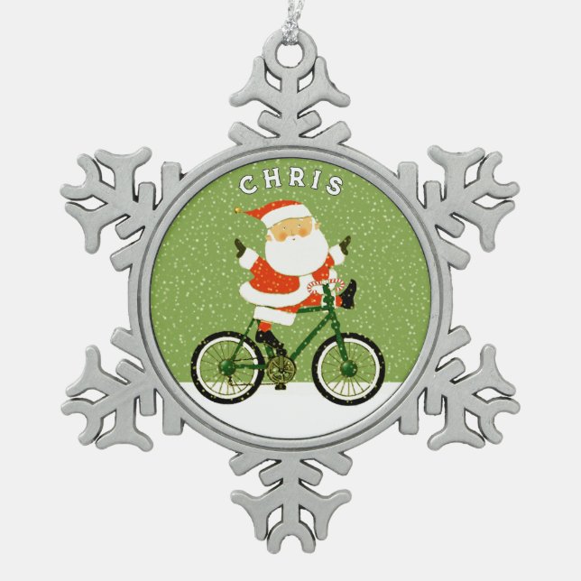 Cyclist Biking Christmas Collectable Snowflake Pewter Christmas Ornament (Front)