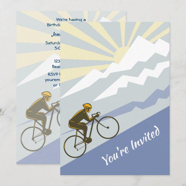 Cyclist Biking up Mountain Road Bike Birthday Invitation (Front/Back)