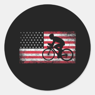 Cyclist Cycling Bicycle American Flag 4th of July Classic Round Sticker