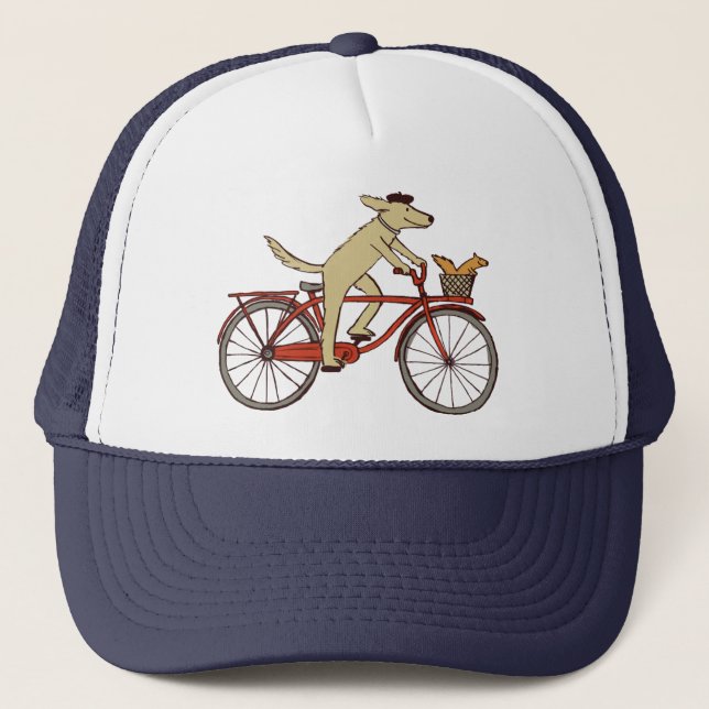 Cyclist Dog with Squirrel Friend - Fun Animal Art Trucker Hat (Front)