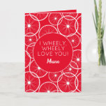 Cyclist I Wheely Love You Card<br><div class="desc">I wheely wheely love you! Fun anniversary,  valentines day or birthday card printed all over with white bicycle wheels on a red background. Inside text areas are fully customisable to add your names and message</div>