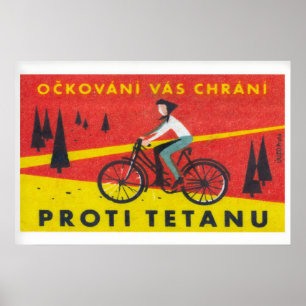 Cyclist in Forest Matchbox Art Print, Czech Poster