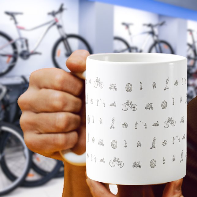 Cyclist on Funny Bicycles Line Drawing Art humour Coffee Mug (Fun cycling on bicycles black and white line art mug gift for cyclists)