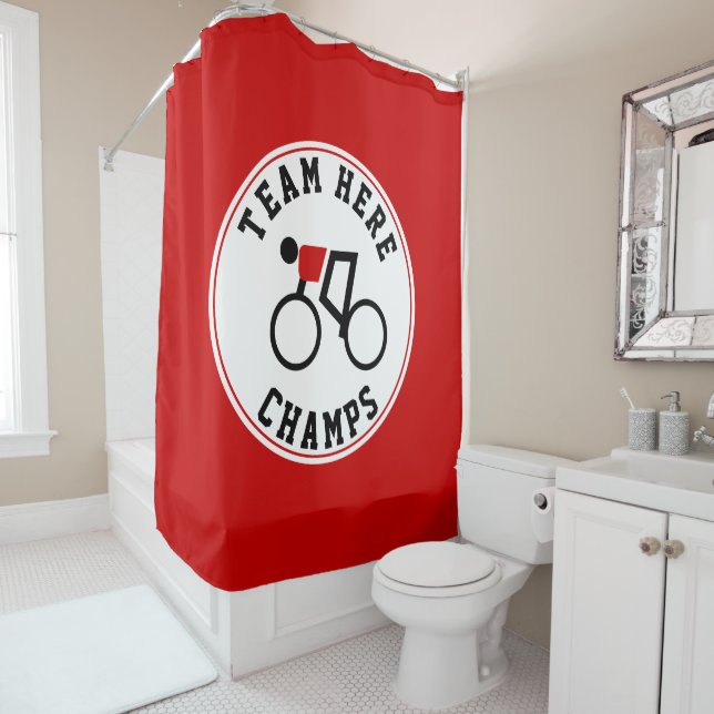 Cyclist on his bike red and black champs shower curtain (In Situ)