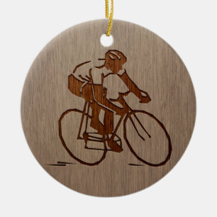 Cyclist silhouette engraved on wood design ceramic tree decoration