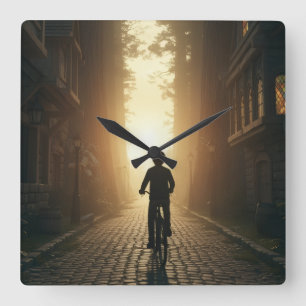 Cyclists Silhouette Street Scene Square Wall Clock