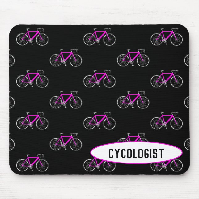 cycologist pink bicycle on black mouse mat (Front)