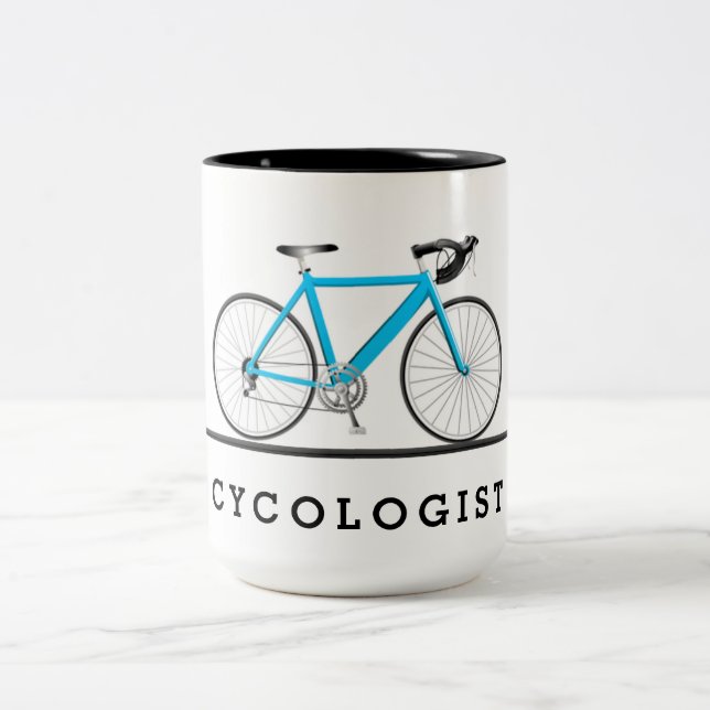 Cycologist text with aqua bicycle Two-Tone coffee mug (Center)