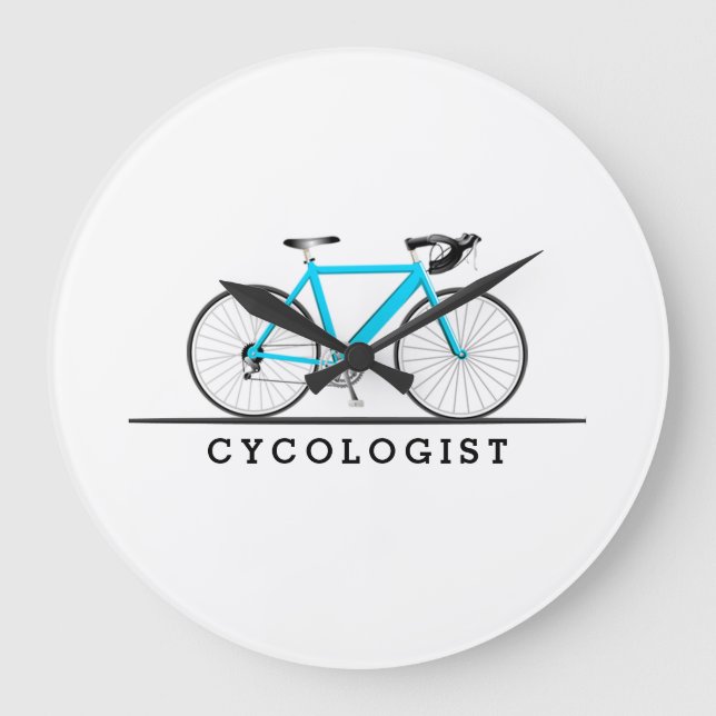 Cycologist text with turquoise bicycle large clock (Front)