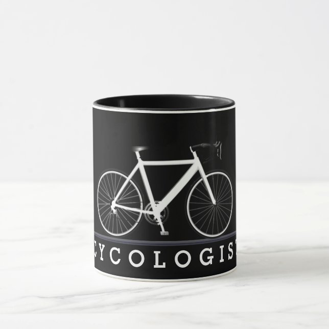 Cycologist text with white bicycle mug (Center)