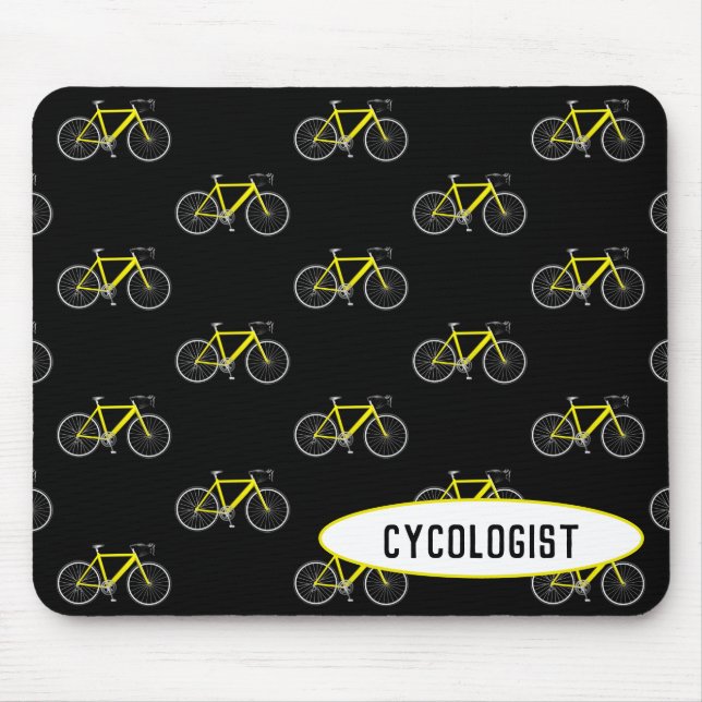 cycologist yellow bicycle on black mouse mat (Front)