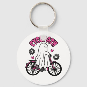Cycopath Halloween Ghost on Pink Bicycle  Key Ring