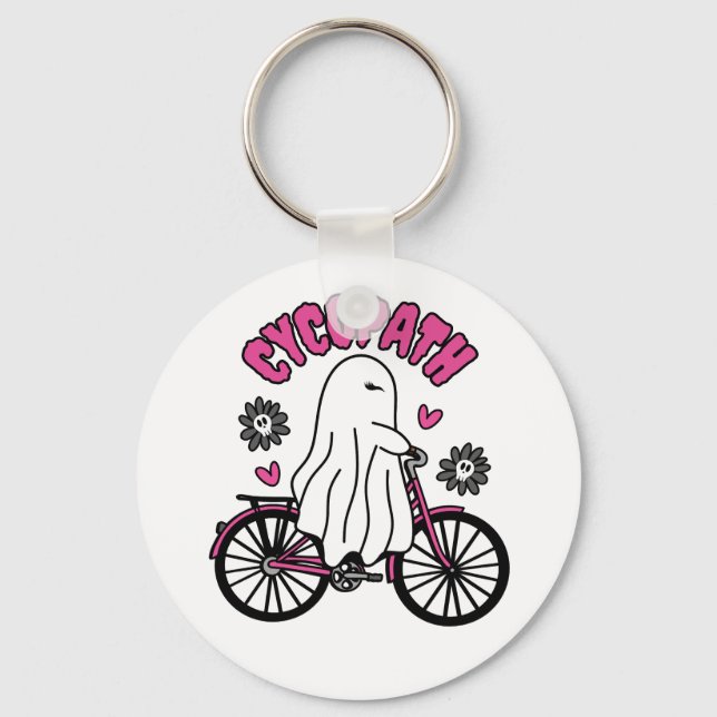 Cycopath Halloween Ghost on Pink Bicycle  Key Ring (Front)
