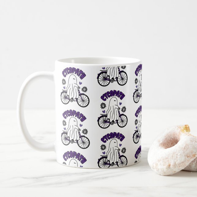 Cycopath Halloween Ghost on Purple Bicycle  Coffee Mug (With Donut)