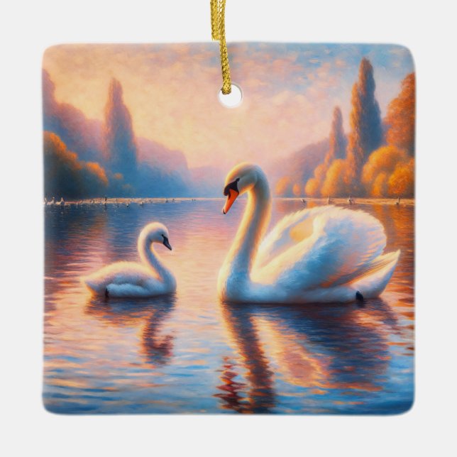 Cygnet and Swan Ceramic Ornament (Front)
