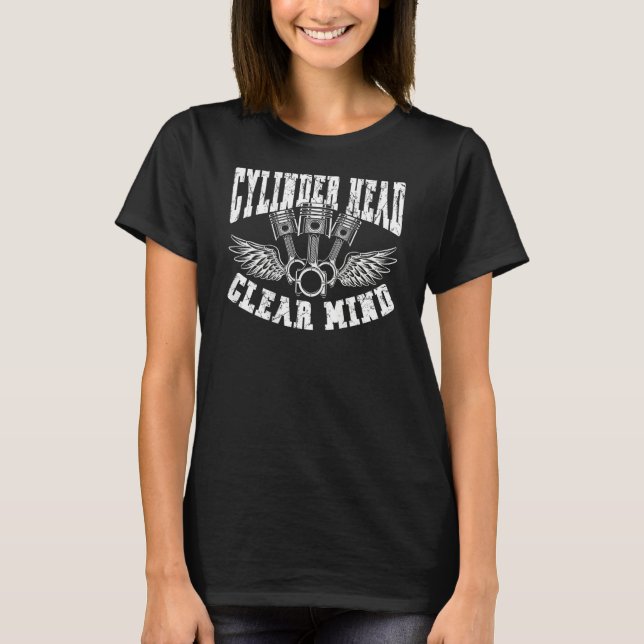 Cylinder Head Clear Mind Backprint Car Machanic T-Shirt (Front)