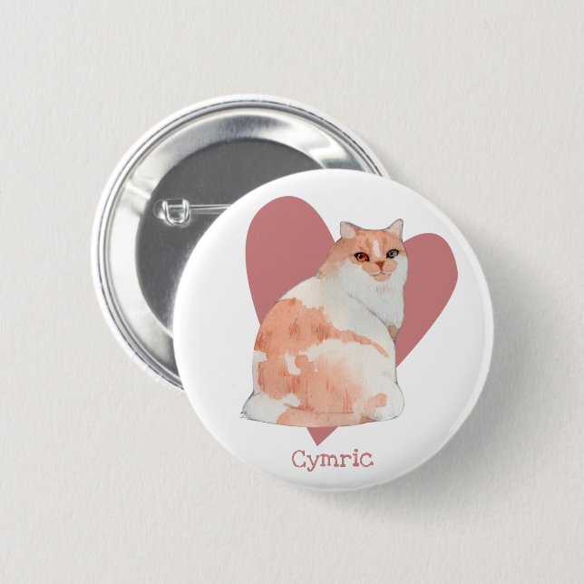 Cymric Cat Watercolor Kitty Pink Heart Button (Front & Back)