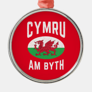 Cymru Am Byth Wales Flag Proud Welsh Vintage Rugby Metal Tree Decoration