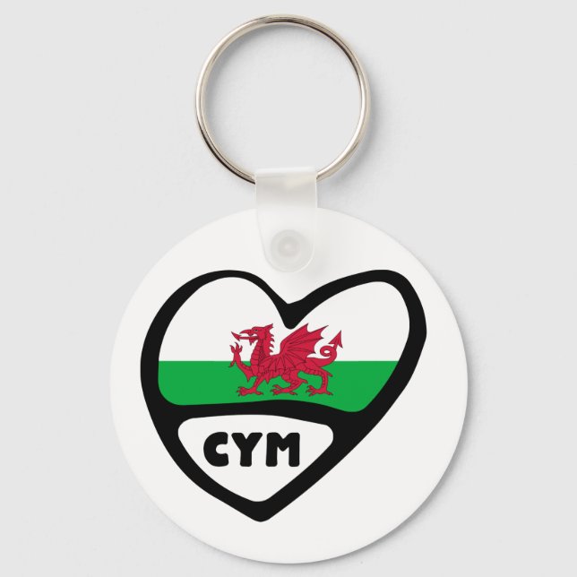 Cymru Country Code Flag Heart Keyring, Wales CYM Key Ring (Front)