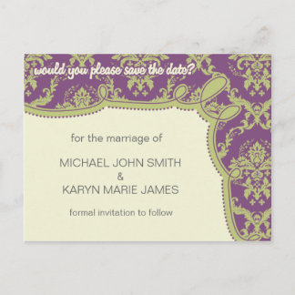 Cyndi Eggplant Purple and Green Save the Date Announcement Postcard