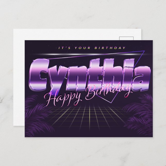 Cynthia's first name is purple postcard birthday (Front/Back)