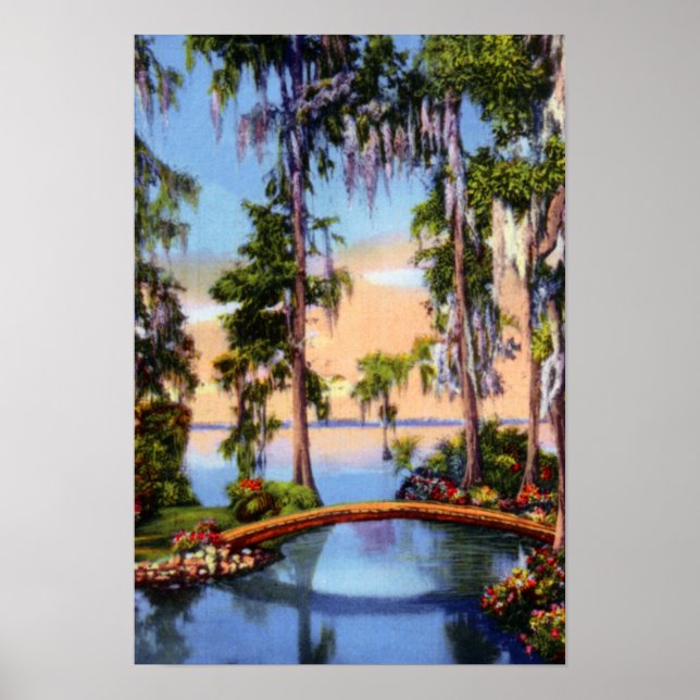 Cypress Gardens Florida Rustic Bridge over Canal Poster (Front)