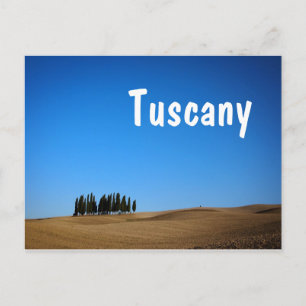 Cypress trees and hills with Tuscany text postcard