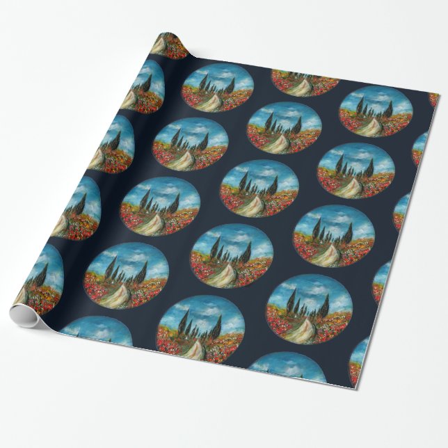 CYPRESS TREES AND POPPIES  IN TUSCANY ROUND Blue Wrapping Paper (Unrolled)