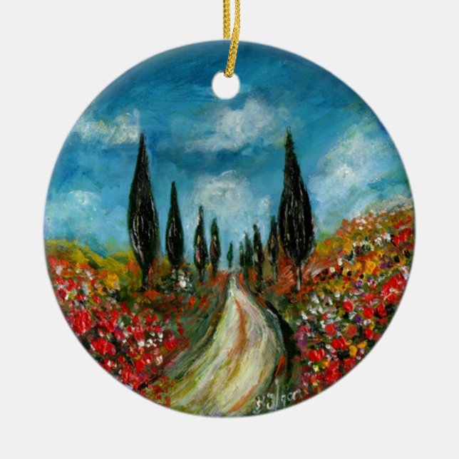 CYPRESS TREES AND POPPIES  IN TUSCANY ROUND CERAMIC TREE DECORATION (Front)
