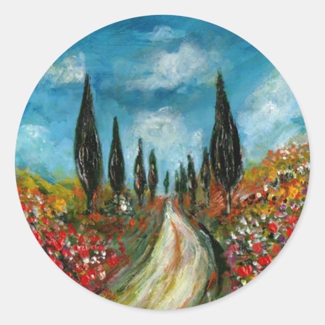 CYPRESS TREES AND POPPIES  IN TUSCANY ROUND CLASSIC ROUND STICKER (Front)