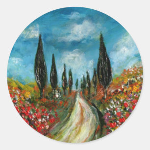 CYPRESS TREES AND POPPIES  IN TUSCANY ROUND CLASSIC ROUND STICKER