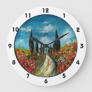 CYPRESS TREES AND POPPIES  IN TUSCANY ROUND LARGE CLOCK