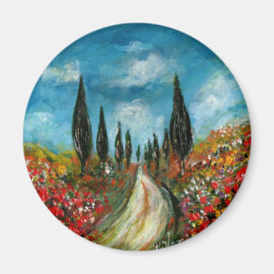 CYPRESS TREES AND POPPIES IN TUSCANY ROUND MAGNET