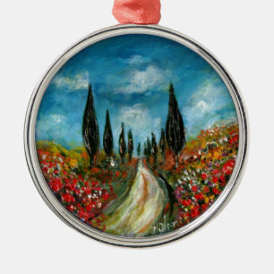 CYPRESS TREES AND POPPIES  IN TUSCANY ROUND METAL TREE DECORATION