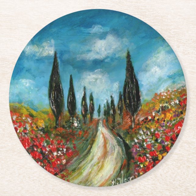 CYPRESS TREES AND POPPIES  IN TUSCANY ROUND PAPER COASTER (Front)