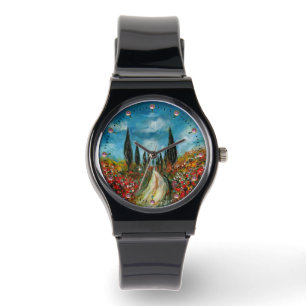CYPRESS TREES AND POPPIES IN TUSCANY ROUND WATCH