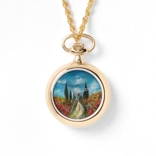 CYPRESS TREES AND POPPIES IN TUSCANY ROUND WATCH