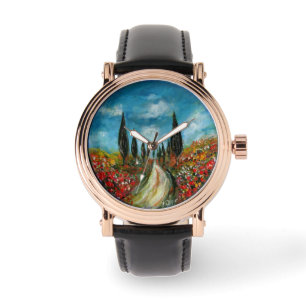 CYPRESS TREES AND POPPIES IN TUSCANY ROUND WATCH