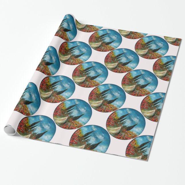 CYPRESS TREES AND POPPIES  IN TUSCANY ROUND WRAPPING PAPER (Unrolled)