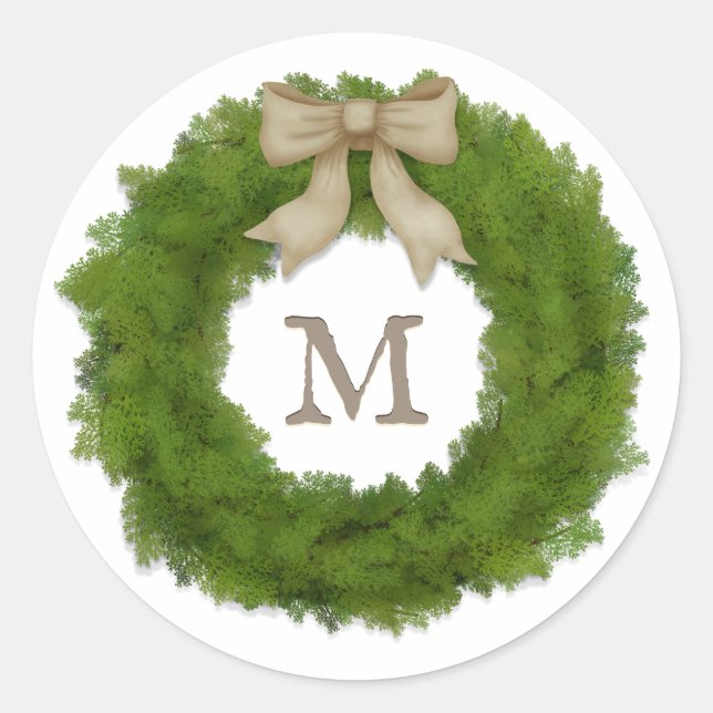 Cypress Wreath With Ivory Bow Custom Monogrammed Classic Round Sticker (Front)