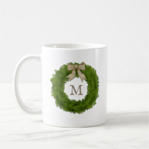Cypress Wreath With Ribbon Bow Custom Monogrammed Coffee Mug