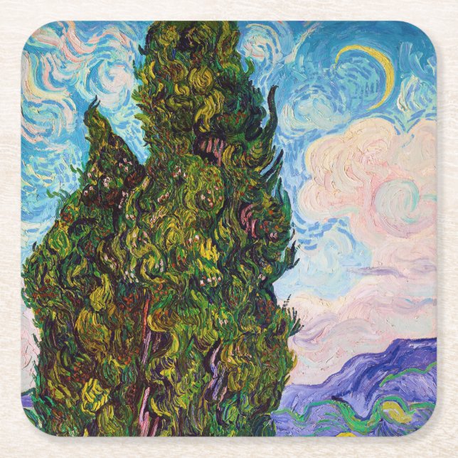Cypresses, Van Gogh Square Paper Coaster (Front)