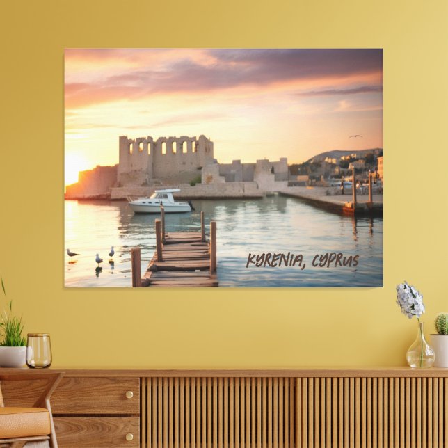 Cyprus Kyrenia Watercolor Sketch with Yacht |  Canvas Print (Insitu(LivingRoom))