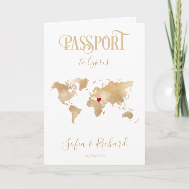Cyprus Map Wedding Destination Passport Gold Invitation (Front)