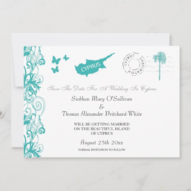Cyprus Save The Date In Aqua And White Invitation (Front)