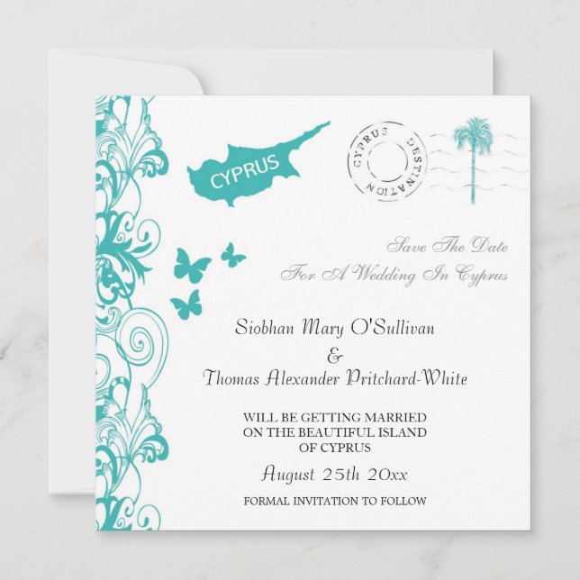 Cyprus Save The Date In White And Aqua (Front)