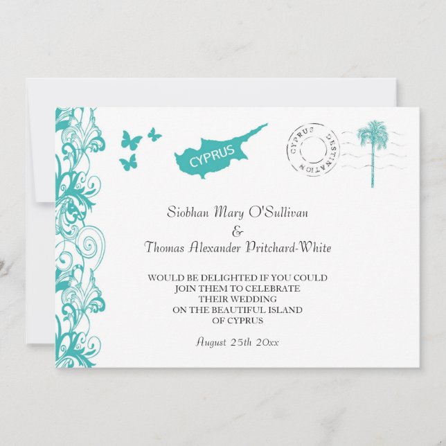 Cyprus Wedding Invitation In Aqua And White (Front)