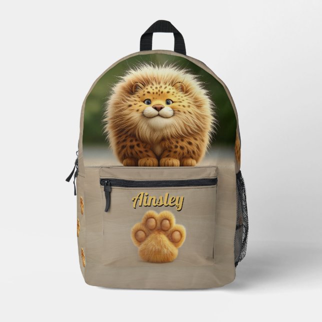 Cyran the Fluffy Leopard Beige with Paw Prints Printed Backpack (Front)