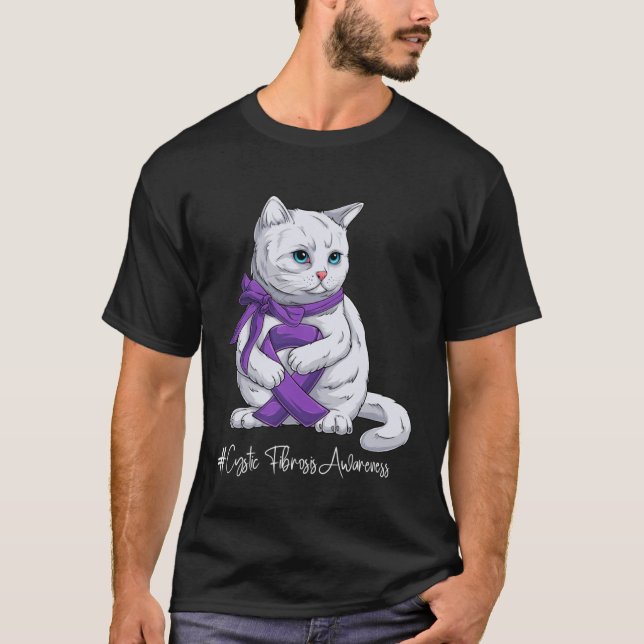 Cystic Fibrosis Awareness Month Purple Ribbon Cat T-Shirt (Front)